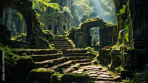 Mysterious Ancient Ruins Surrounded by Dense Jungle 