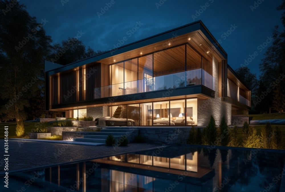 night view of modern house exterior with interior. generative ai night view of modern house exterior with interior. generative ai