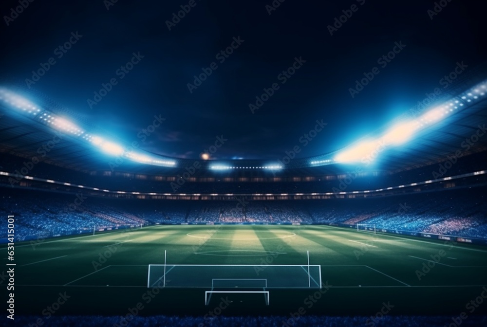 Stadium in lights at night. shiny lights, view from field. generative ai Stadium in lights at night. shiny lights, view from field. generative ai