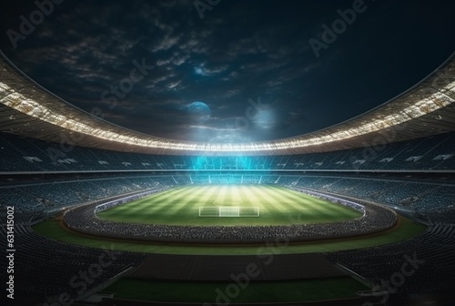 Stadium in lights at night. shiny lights  view from field. generative ai