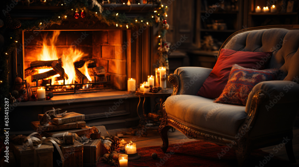 a cozy fireplace decorated for Christmas with many gifts and candles, generative AI
