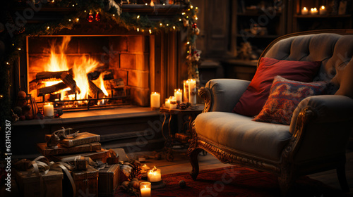 a cozy fireplace decorated for Christmas with many gifts and candles, generative AI