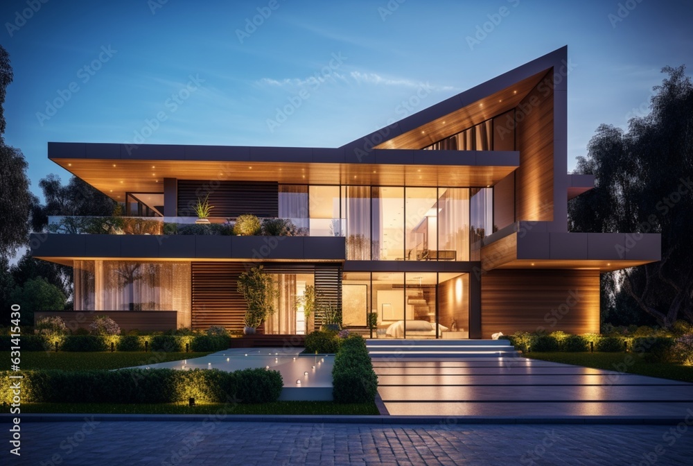night view of modern house exterior with interior. generative ai night view of modern house exterior with interior. generative ai