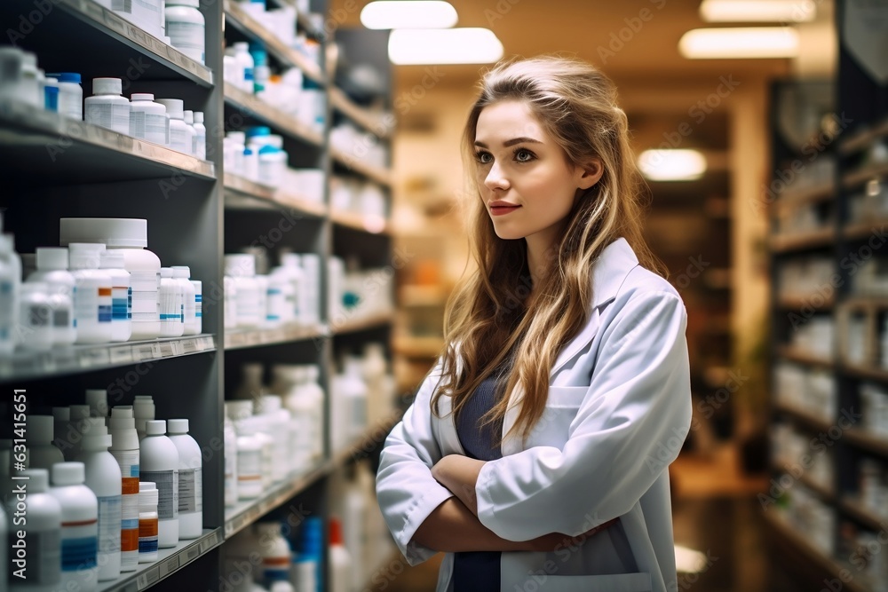 A Woman in Lab Coat by Pharmacy Shelf. AI