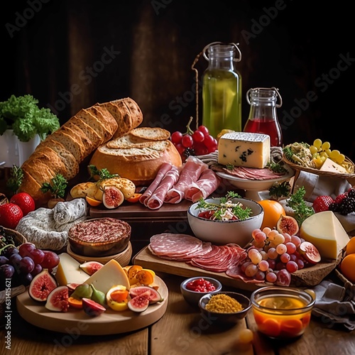still life with salami and cheese made with generative ai 