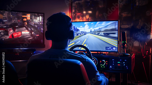 Gamer playing pc game with racing wheel controller. Race simulator with steering wheel. Ai generated