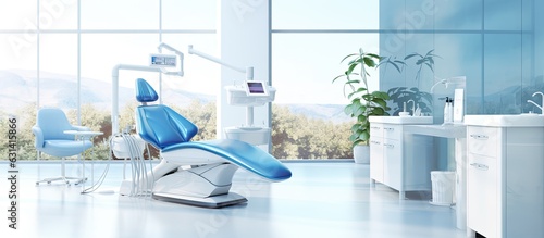 dental office with a dentist chair and equipment is shown with a blurred background and space for