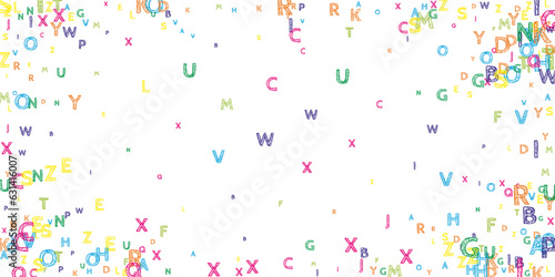 Falling letters of English language. Bright handdrawn flying words of Latin alphabet. Foreign languages study concept. Immaculate back to school banner on white background.