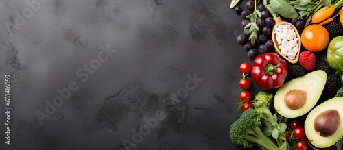 fresh fruits and vegetables on a grey background, representing healthy eating. taken from a flat