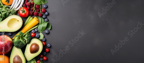 fresh fruits and vegetables on a grey background, representing healthy eating. taken from a flat