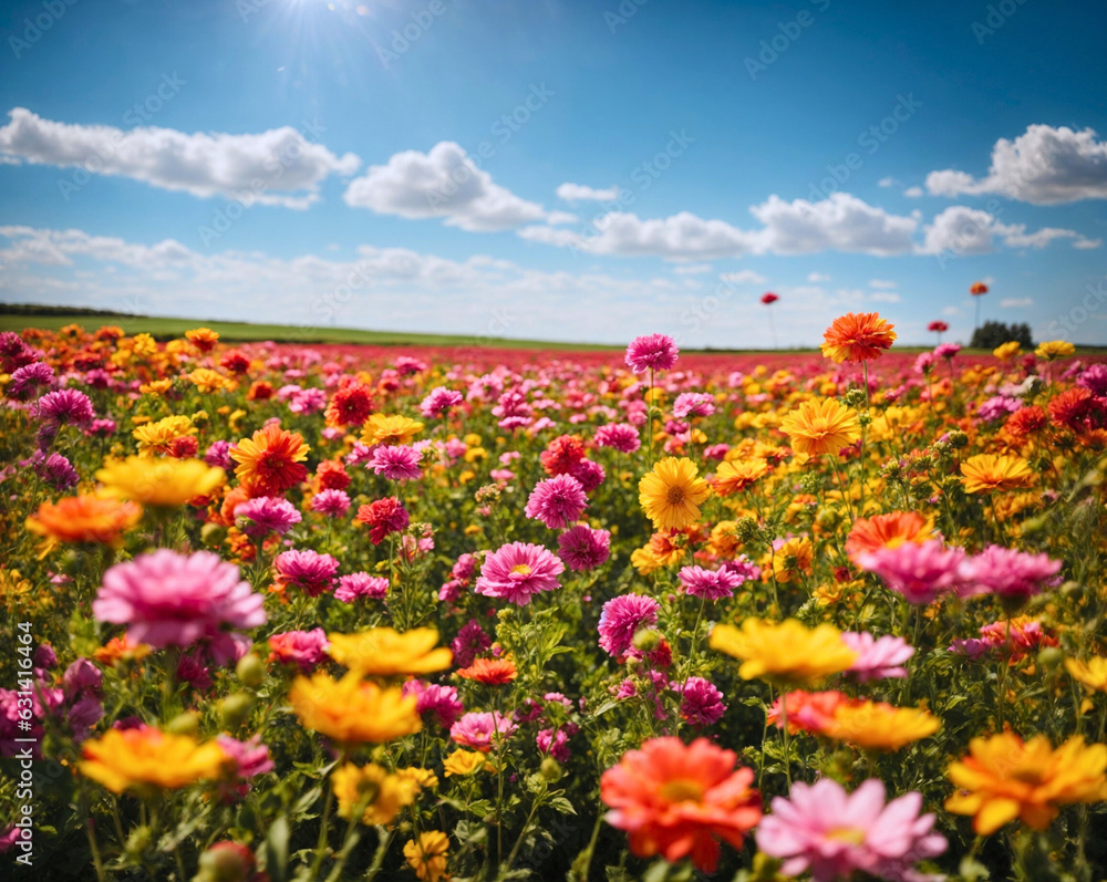 Beautiful flower fields with sunny day and blue-sky background, AI Generated Beautiful flower fields with sunny day and blue-sky background, AI Generated