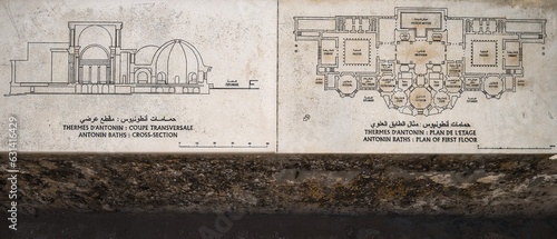 Stone tablet with a map of the Carthaginian Ruins of the Baths of Antoninus Pius, Tunisia, Africa