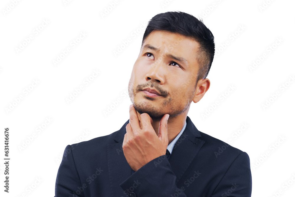 Corporate, business man and thinking of solution, decision or lawyer ideas isolated transparent, png background. Employee or professional asian person brainstorming, question emoji or legal planning
