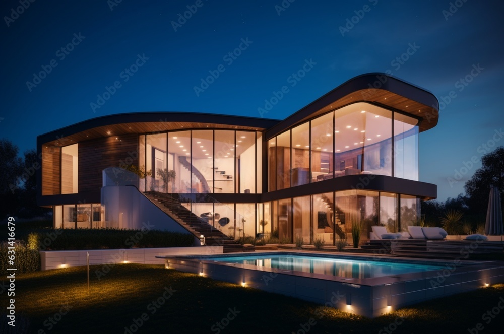 night view of modern house exterior with interior. generative ai night view of modern house exterior with interior. generative ai