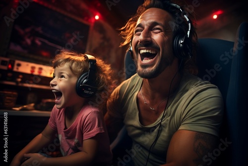 Father and Son Bond Over Video Games, Sharing Laughter and Fun. AI