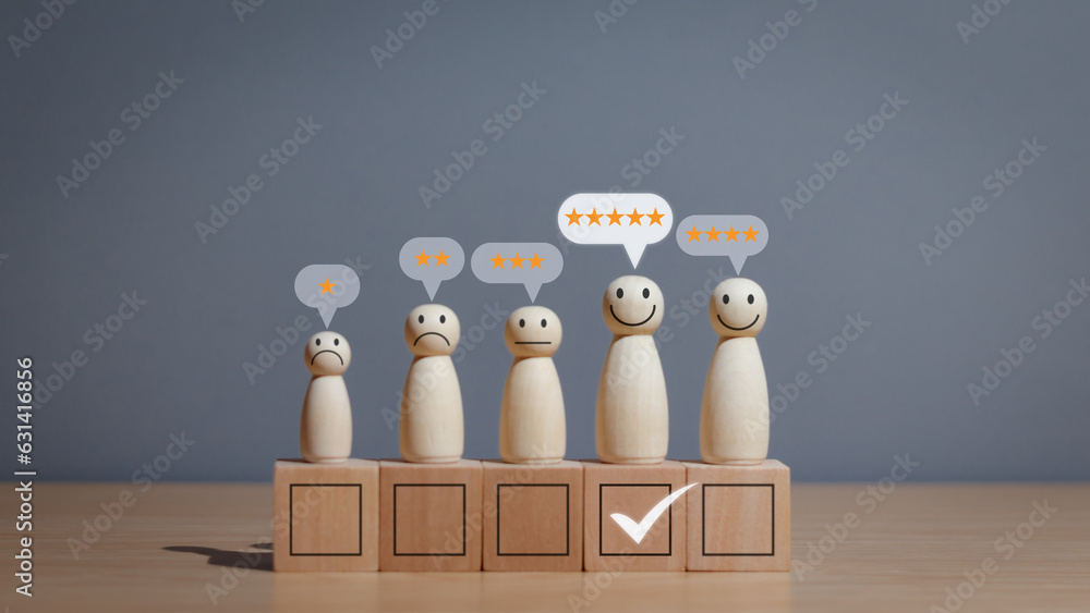 Wooden puppet on table, smiley face with check mark and star icon Comment on satisfaction rating or good experience and positive feedback, concept of satisfaction and customer service - obrazy, fototapety, plakaty 