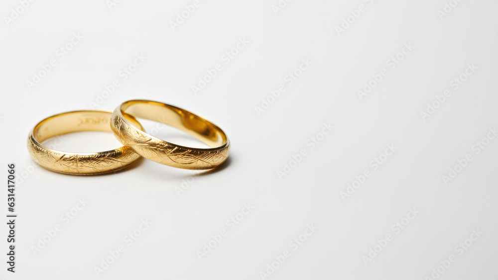 Two gold wedding rings on white background with copy space for text. Two gold wedding rings on white background with copy space for text.