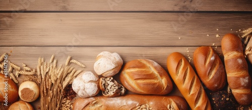 Fresh homemade breads of various kinds as a backdrop, seen from above with space for text