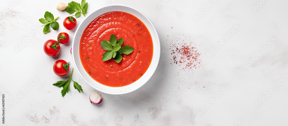 Gazpacho soup presented in a bowl on a light stone background with space for text. It is a chilled Gazpacho soup presented in a bowl on a light stone background with space for text. It is a chilled
