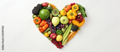 Fruits and vegetables arranged in the shape of a heart, representing healthy food and nutrition,
