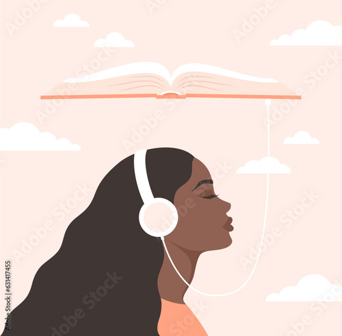 Young black woman with closed eyes listening to an audiobook. Side portrait of a woman wearing headphones connected to an open book above her. Flat vector illustration
