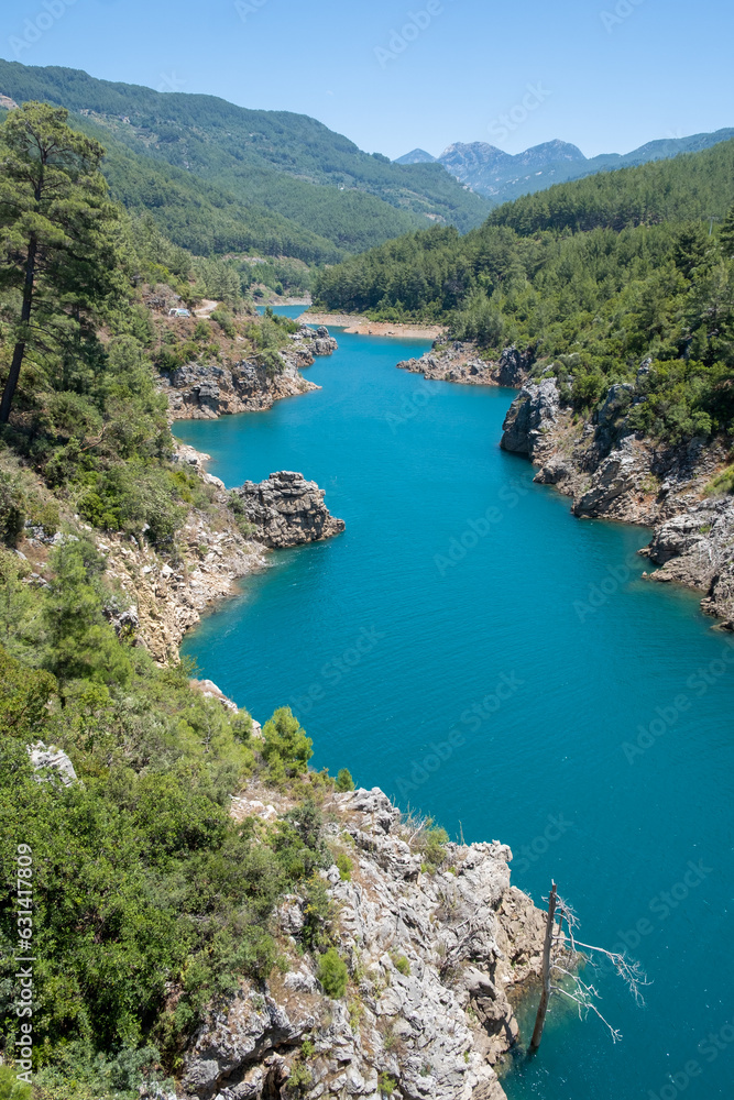 View of the blue river Dimchay in the Alanya region. Famous local place, breathtaking nature of Turkey. Dim River National Park near Alanya, Turkey.
