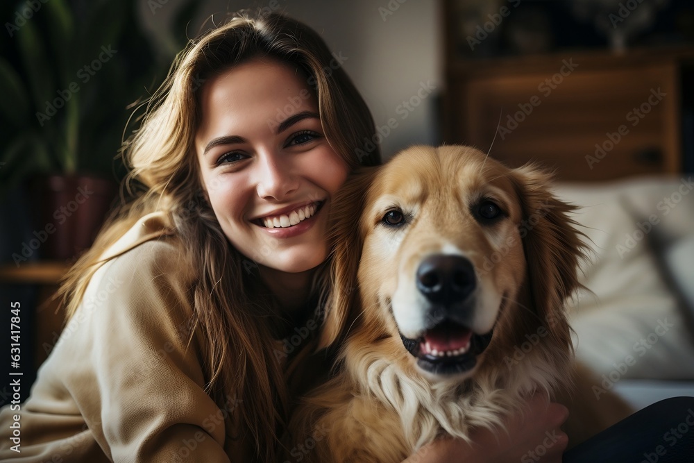 Joyful young woman enjoying quality time with her pet dog at home. AI