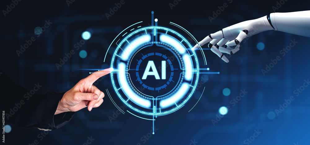 Woman and robot hands touching AI interface Woman and robot hands touching AI interface