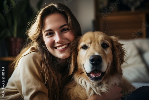 Joyful young woman enjoying quality time with her pet dog at home. AI © Usmanify