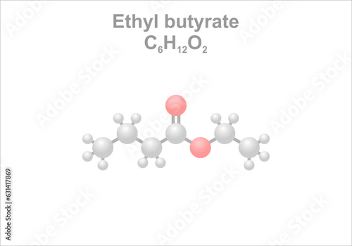 Ethyl butyrate. Simplified scheme of the molecule. Use for the artificial flavoring of orange juice.