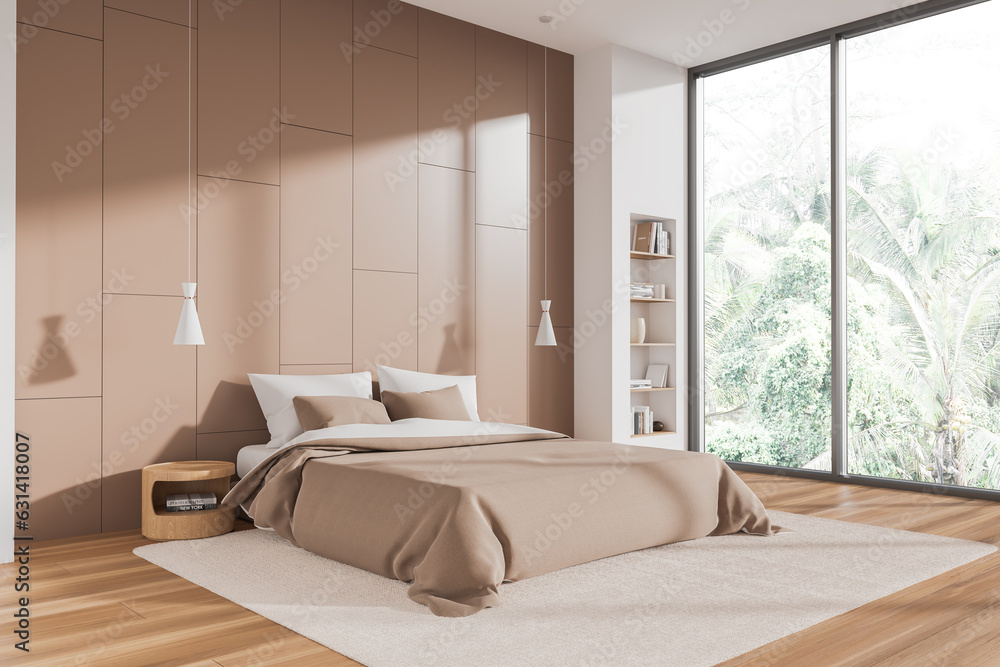 Beige bedroom interior with bed and decoration, panoramic window
