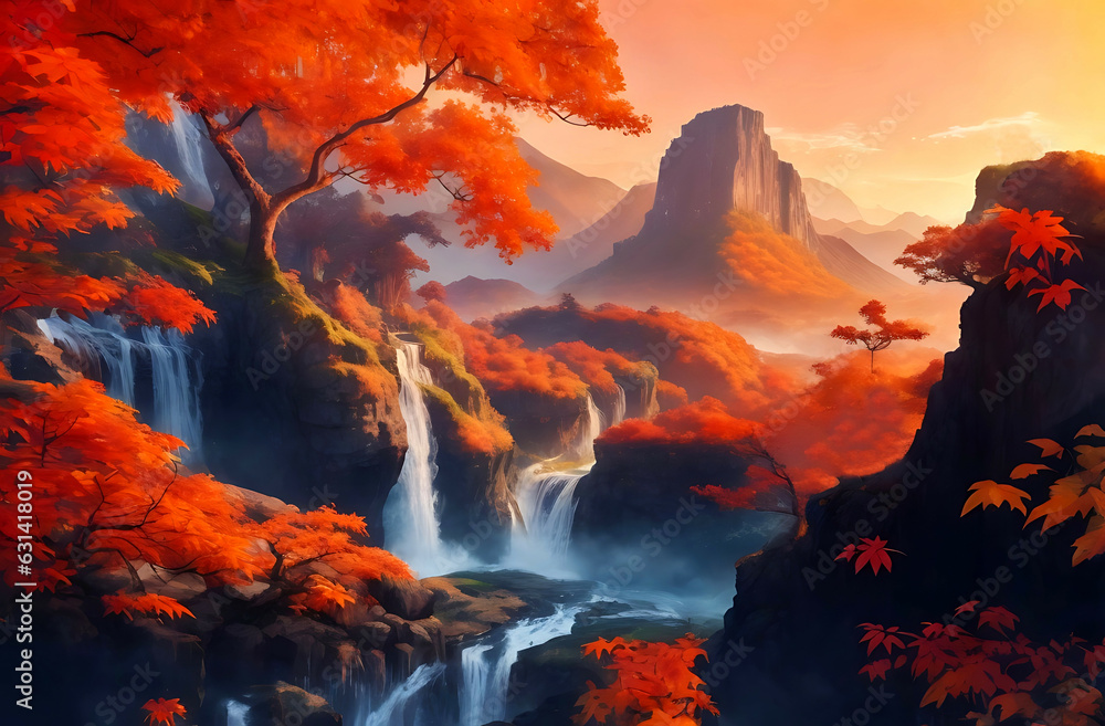 Landscape with waterfalls, trees with orange leaves and mountains in the background, anime style