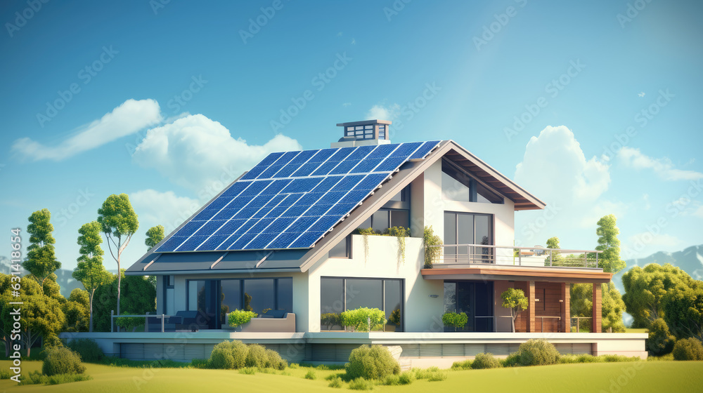 House with solar panels on the roof. Sustainable and clean energy at home. Generative Ai House with solar panels on the roof. Sustainable and clean energy at home. Generative Ai