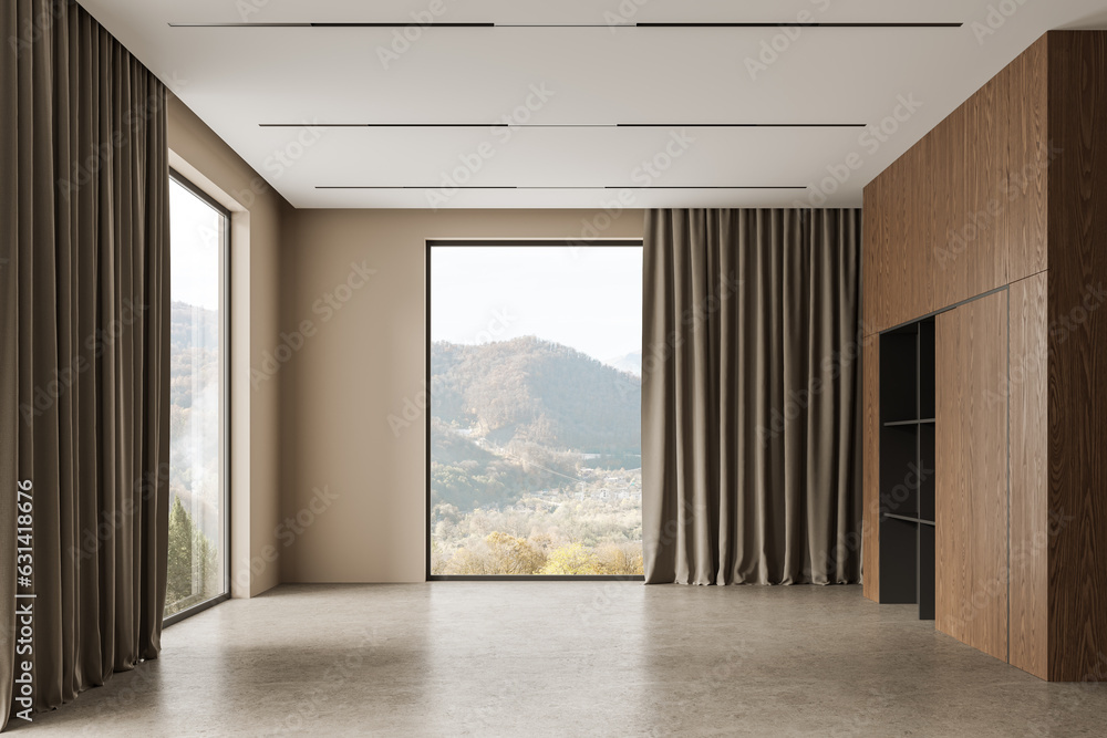 Fototapeta premium Beige living room interior with shelf, curtains and window on countryside