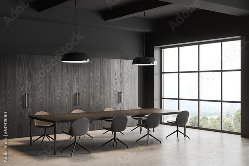 Grey modern meeting room interior with chairs and table, panoramic window