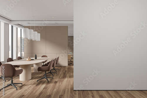 Modern business room interior with board and panoramic window. Mockup wall