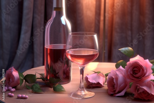 Pink rose wine and roses on the table. AI generated