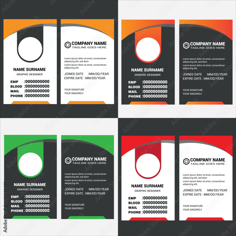 Corporate identity card template collection with photo placeholders. Employee or student ID card set design for office or school. Print-ready identification card template bundle with abstract shapes.