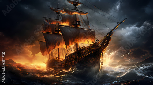 pirate ship in the sea with big storm brewing in the background. Generative Ai