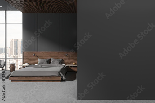 Grey home bedroom interior with bed and panoramic window, mock up wall