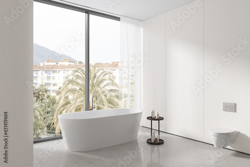 White hotel bathroom interior with tub and toilet  panoramic window