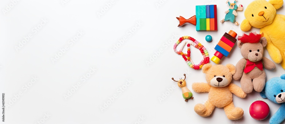 collection of baby and kids toys displayed on a white background. The view is from the top, and