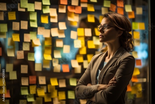 Woman Brainstorming and Planning with Sticky Notes in a Business Setting. AI