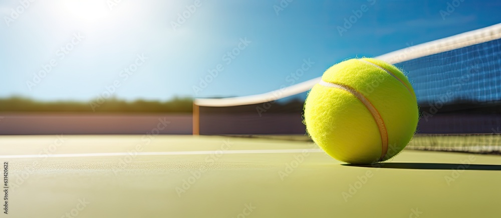 The tennis ball and tennis racket are lying on the tennis court on a sunny day with empty space