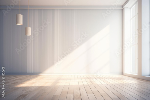 Empty light interior background, White textured empty wall and wooden light floor with beautiful lighting