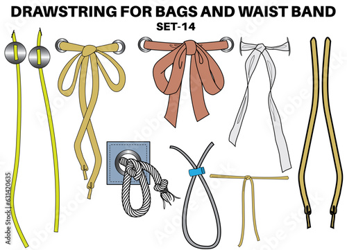 Drawstring cord flat sketch vector illustrator. Set of bow knot Draw string with aglets for Waist band, bags, shoes, jackets, Shorts, Pants, dress garments, Drawcord for Clothing to pulled or tighten