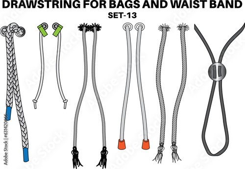 Drawstring cord flat sketch vector illustrator. Set of Draw string with aglets for Waist band, bags, shoes, jackets, Shorts, Pants, dress garments, Drawcord aiglets for Clothing to pulled or tighten