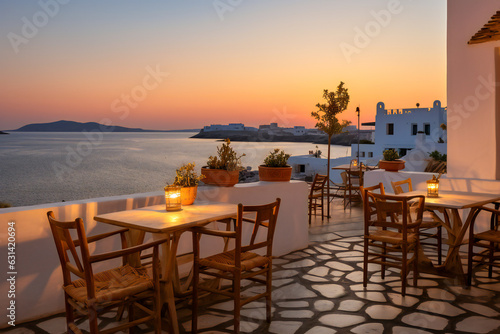 View over a romantic old greek tavern on the Aegean sea  on a greek island in the evening