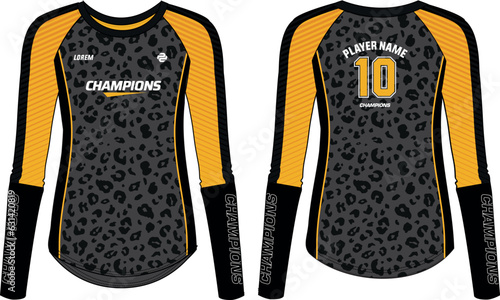 women Long Sleeve Sports Jersey t-shirt design flat sketch Illustration suitable for girls and Ladies for Volleyball jersey, Football, Soccer, netball and tennis Sport uniform kit