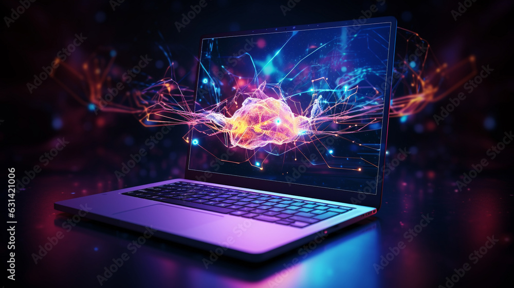 Artificial Intelligence Infused Laptop - Neon Illuminated High-Tech 3D Rendering Artificial Intelligence Infused Laptop - Neon Illuminated High-Tech 3D Rendering